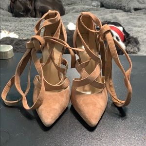 Tan suede lace up heels